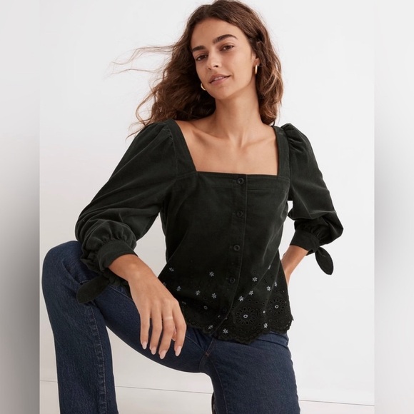 Madewell Tops - madewell Embroidered Eyelet CorduroyTie-Sleeve Green Black Top Size S